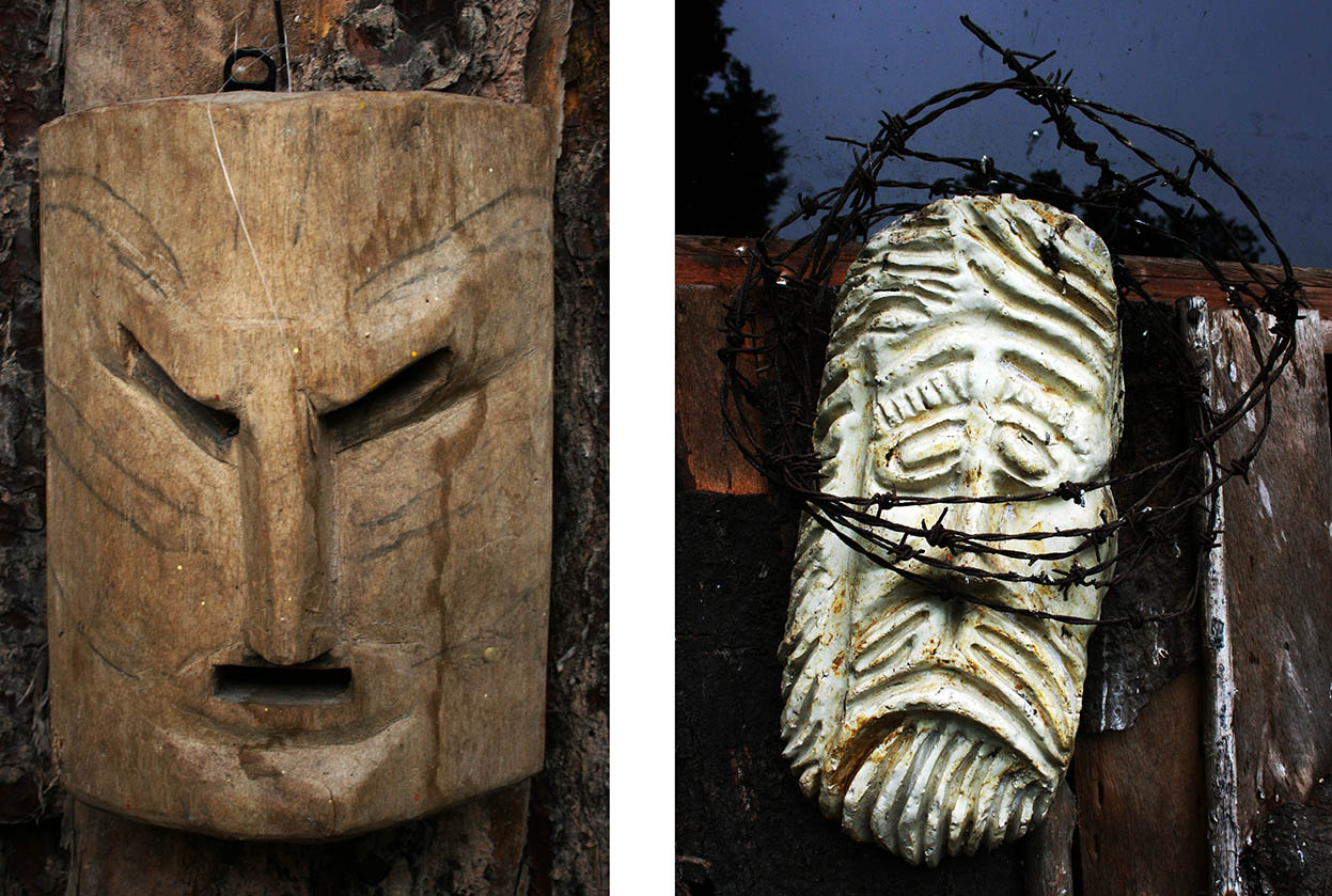 Máscaras elaboradas por artesanos indígenas actuales e intervenidas por Rodrigo Muñoz. © LFQ.